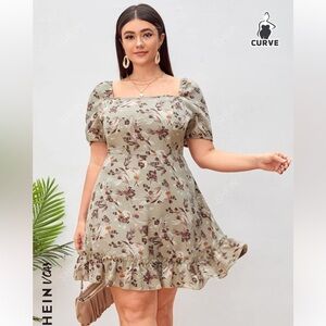 SHEIN VCAY Plus Floral Print Square Neck Puff Sleeve Ruffle Hem Dress